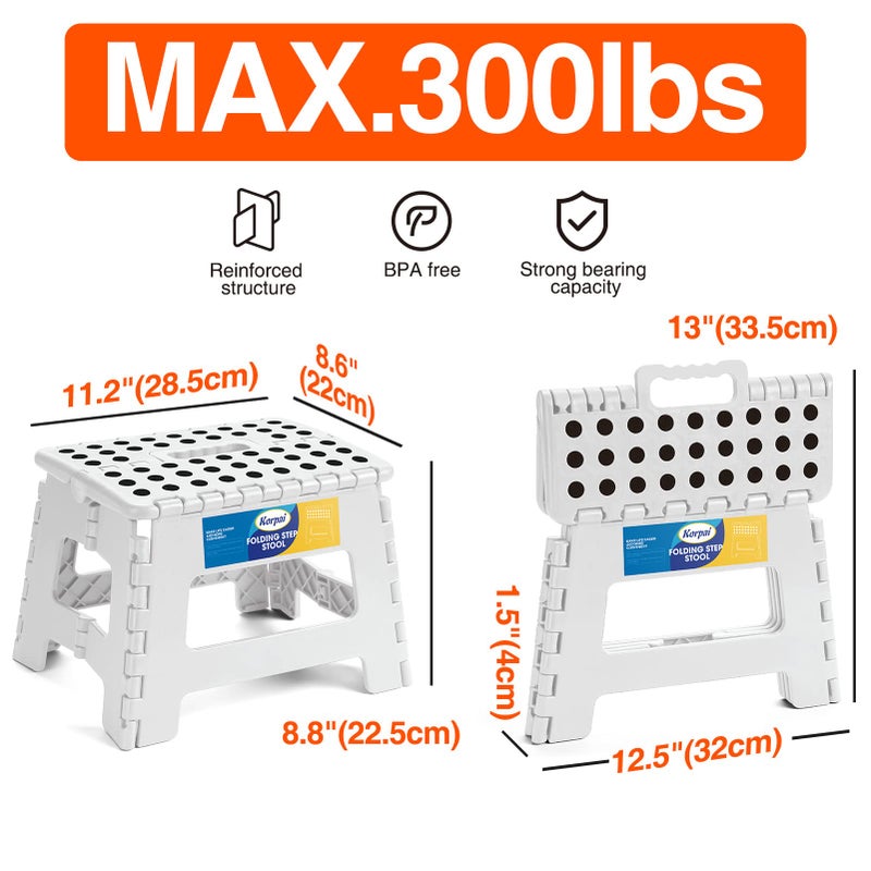 Korpai 9"" Folding Step Stool for Adults and Kids Holds Up to 300 lbs Non-Slip Folding Stools with Portable Handle  Compact Plastic Foldable Step Stool for Bathroom Bedroom  Kitchen White 1PC - Image 2